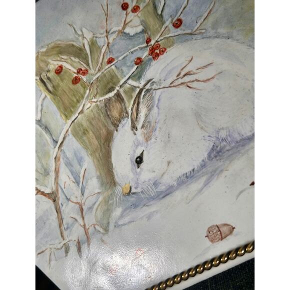 F. King ’85 Hand Painted Ceramic Tile Winter Bunny Snow Scene Hexagon Art - Picture 2 of 3